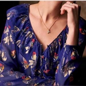 Sézane Priscille Blouse Royal Blue Gold Accents Size 44 US 12 Floral